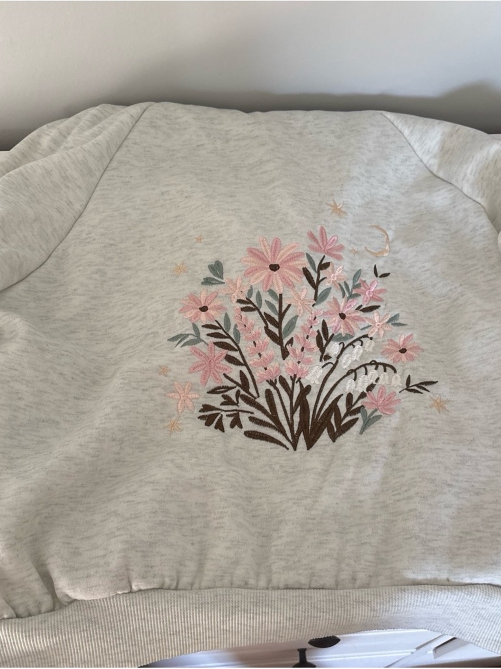 SHEIN Light Gray Crewneck Sweatshirt with Pink Floral Embroidery